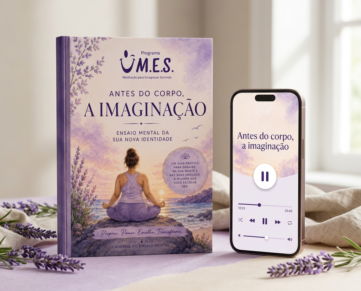 Caderno do Ensaio Mental ilustrado ao lado da meditação guiada no celular