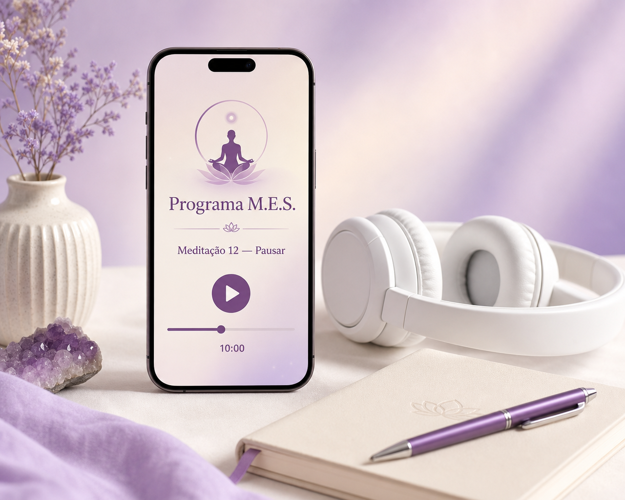 Meditações guiadas do Programa M.E.S. no celular, com fones e caderno